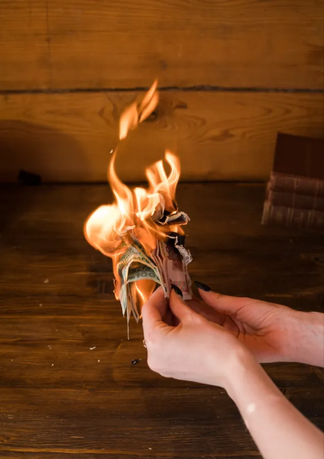 Hands holding banknotes on fire